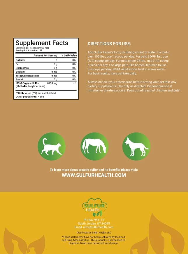Organic Pet Sulfur - 99.9% Pure MSM Supplement for Pets - Lab-Tested and Certified Pet MSM 3