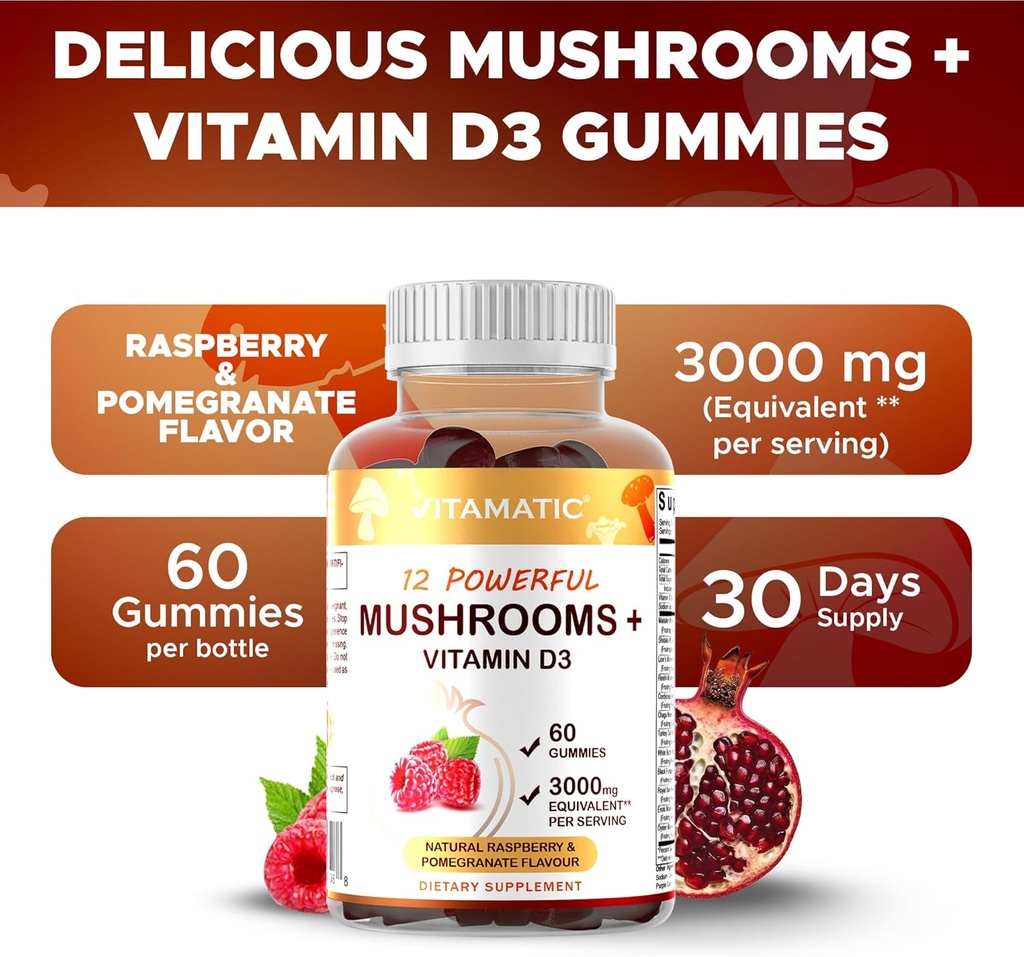 Vitamatic Mushroom Complex with D3, 60 Pectin Based Gummies, (Pack of 2) 5