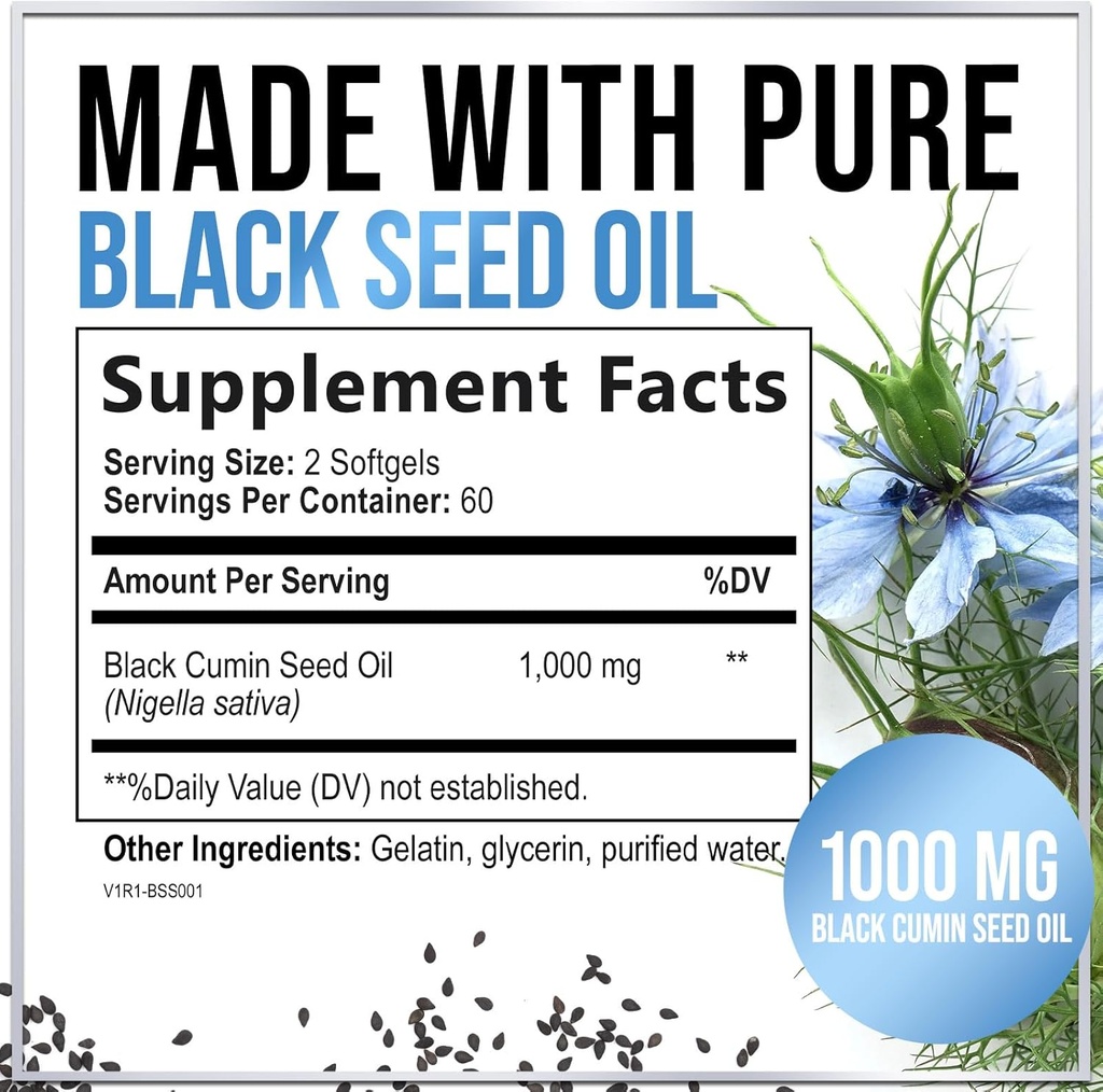 Black Seed Oil Softgels 1000mg - Premium Nigella Sativa Blackseed, Pure Natural Black Cumin Seed Oil & Antioxidant for Skin & Immune Support - Non GMO, Bottled in USA Supplement - 120 Softgels 3