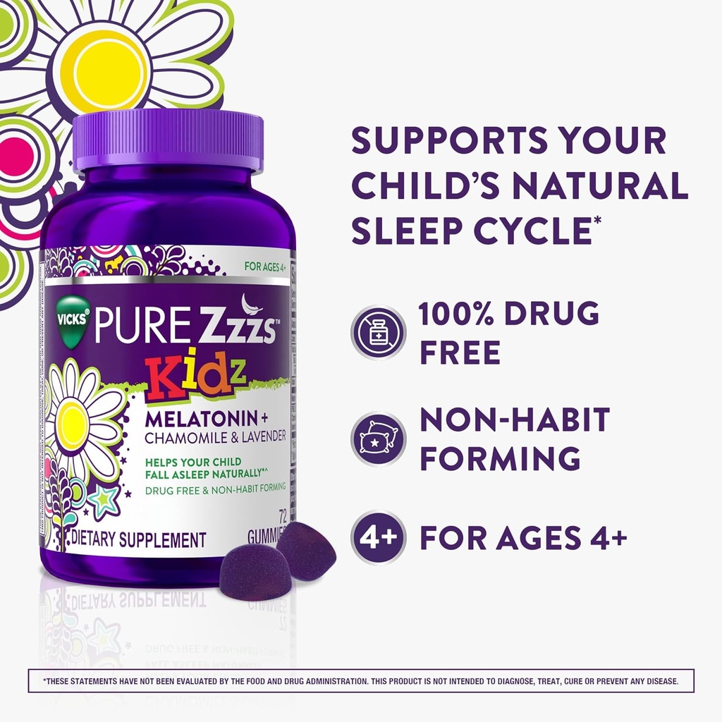 PURE Zzzs Kidz, Kids Melatonin Gummy, Sleep Aid, Low Amount of Melatonin for Kids, with Chamomile and Lavender, Melatonin 1 mg, Melatonin Gummies Kids, Berry Flavored, 72 Sleep Gummies 4