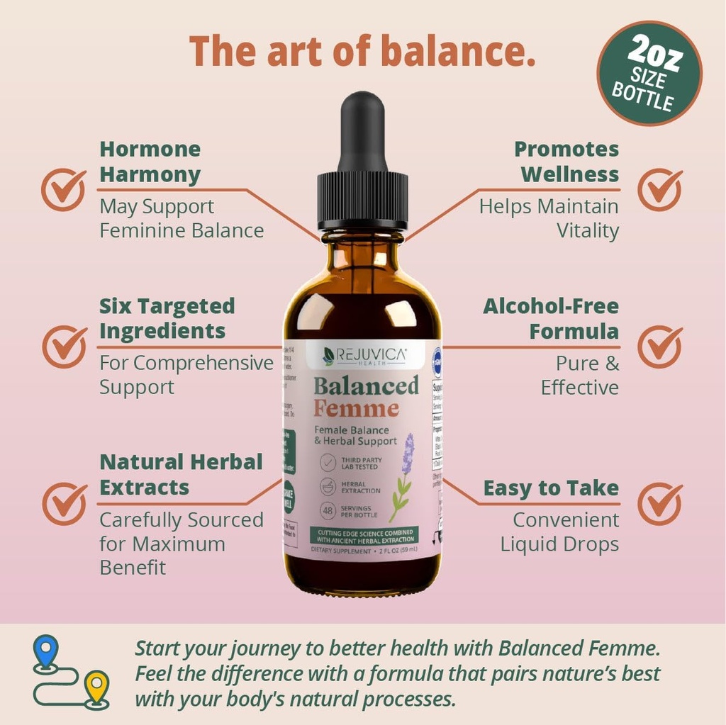 Rejuvica Health Balanced Femme - Menopause Support for Hot Flashes & Female Balance - Liquid Delivery for Better Absorption - Black Cohosh, Dong Quai, Vitex, Maca Root & More! 3