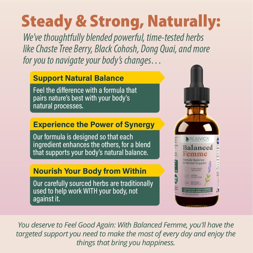Rejuvica Health Balanced Femme - Menopause Support for Hot Flashes & Female Balance - Liquid Delivery for Better Absorption - Black Cohosh, Dong Quai, Vitex, Maca Root & More! 5