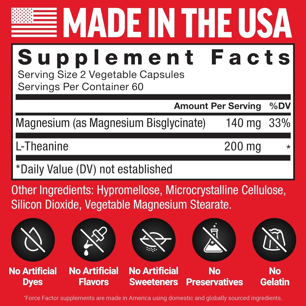 Force Factor Magnesium + L-Theanine, Magnesium Bisglycinate Supplement to Support Bones, Muscles, Nerves, Relaxation, and Mood, Vegan, No Gelatin, Non-GMO, 120 Vegetable Capsules 6