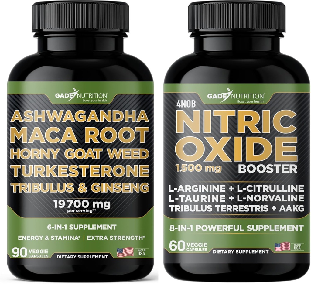 Gade Nutrition Ashwagandha with Maca Root, Horny Goat Weed, Turkesterone, Tribulus Terrestris, Panax Ginseng + Nitric Oxide Booster - Bundle for Energy, Vitality, Performance, Pump 2