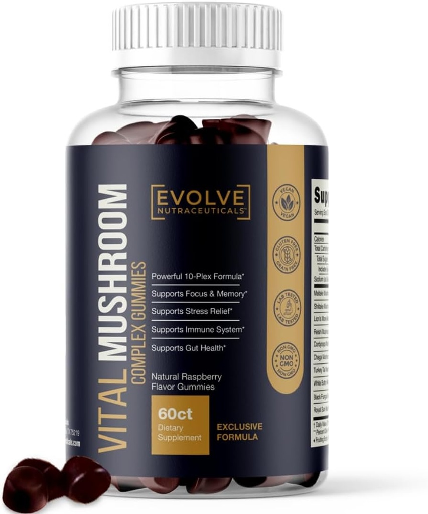 Vital Mushroom, Super Complex Blend Gummies, Nootropic, Cognitive Clarity, Gut Support, Immune Fortifying, Delicious Raspberry Flavor. 2