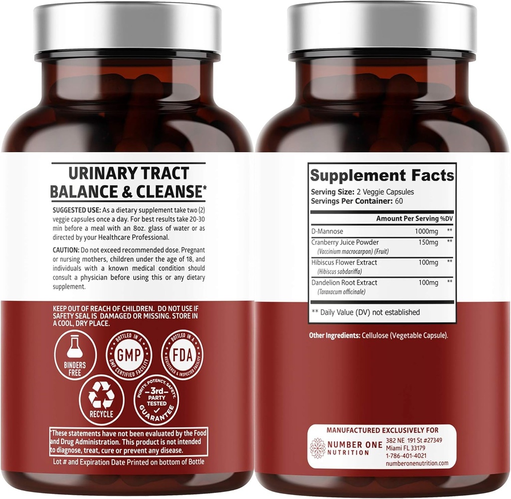 Number One Nutrition Premium D Mannose Supplement for Women and Men [Max Strength, 1350MG] Natural D-Mannose with Cranberry, Hibiscus and Dandelion for Urinary Tract Health, 120 Count 3