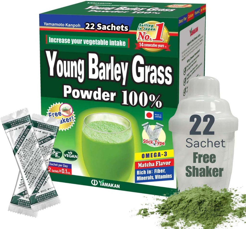 Yamamoto Kanpoh YAMAKAN Barley Grass Juice Powder, Young Barley Grass Powder Rich in Minerals, Vitamins & Plant-Based Protein for Women & Men, Grass Juice from Japan, Non GMO 22 Count 2