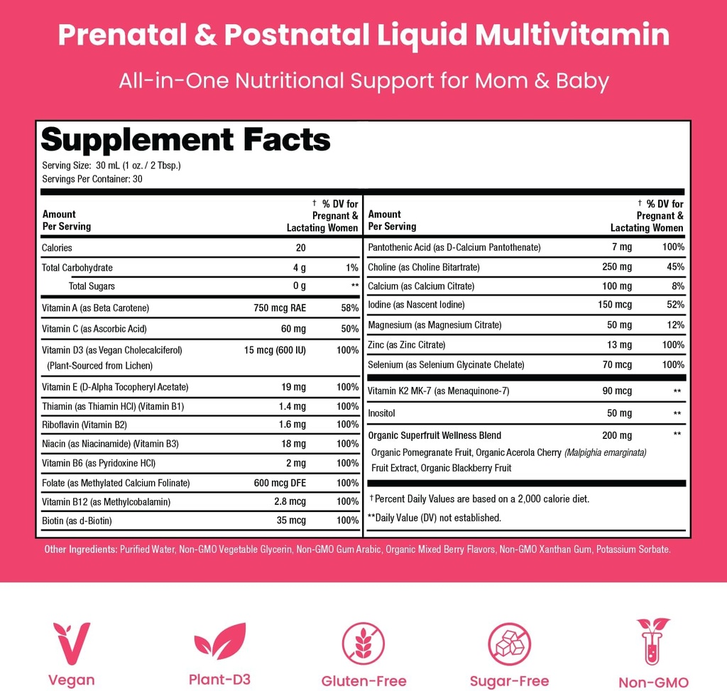 Mother's Promise Prenatal & Postnatal Multivitamin for Women | Sugar Free Liquid Prenatal Vitamins for Women with Folate, Choline & Organic Fruits for Preconception, Pregnancy & Nursing | Vegan 5