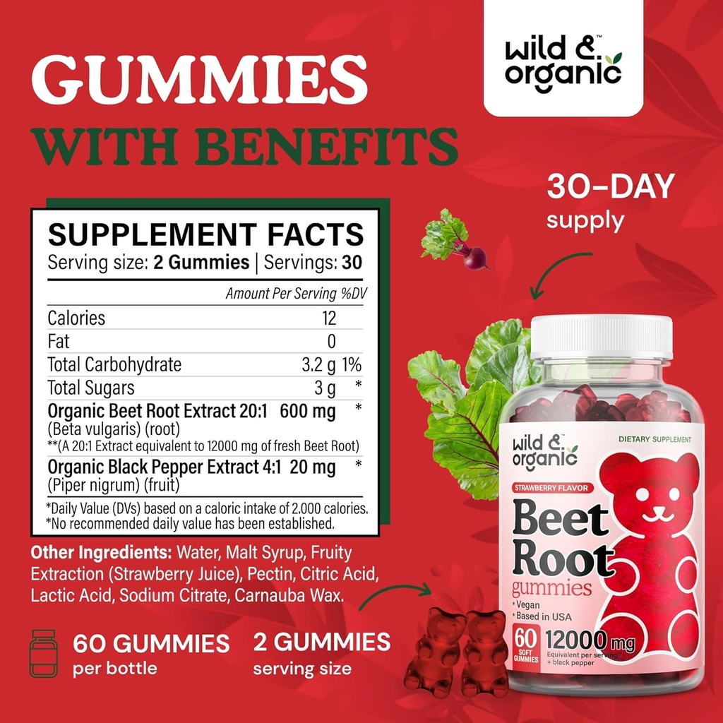 Wild & Organic Beet Root Gummies 12000 mg - Red Beets Supplements for Women and Men with Beetroot Powder - 60 Pectin-Based Chews 4