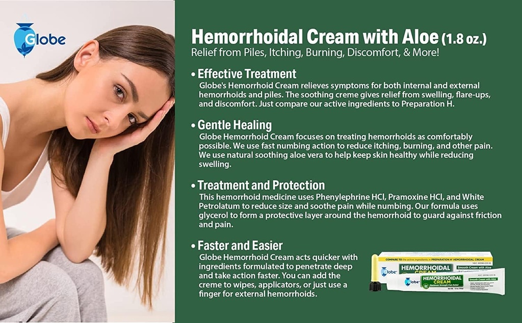 Globe Hemorrhoidal Cream, Phenylephrine HCl, Pramoxine with Aloe, Relief from Burning, Itching and Discomfort of Hemorrhoids, 1.8 Ounces 5