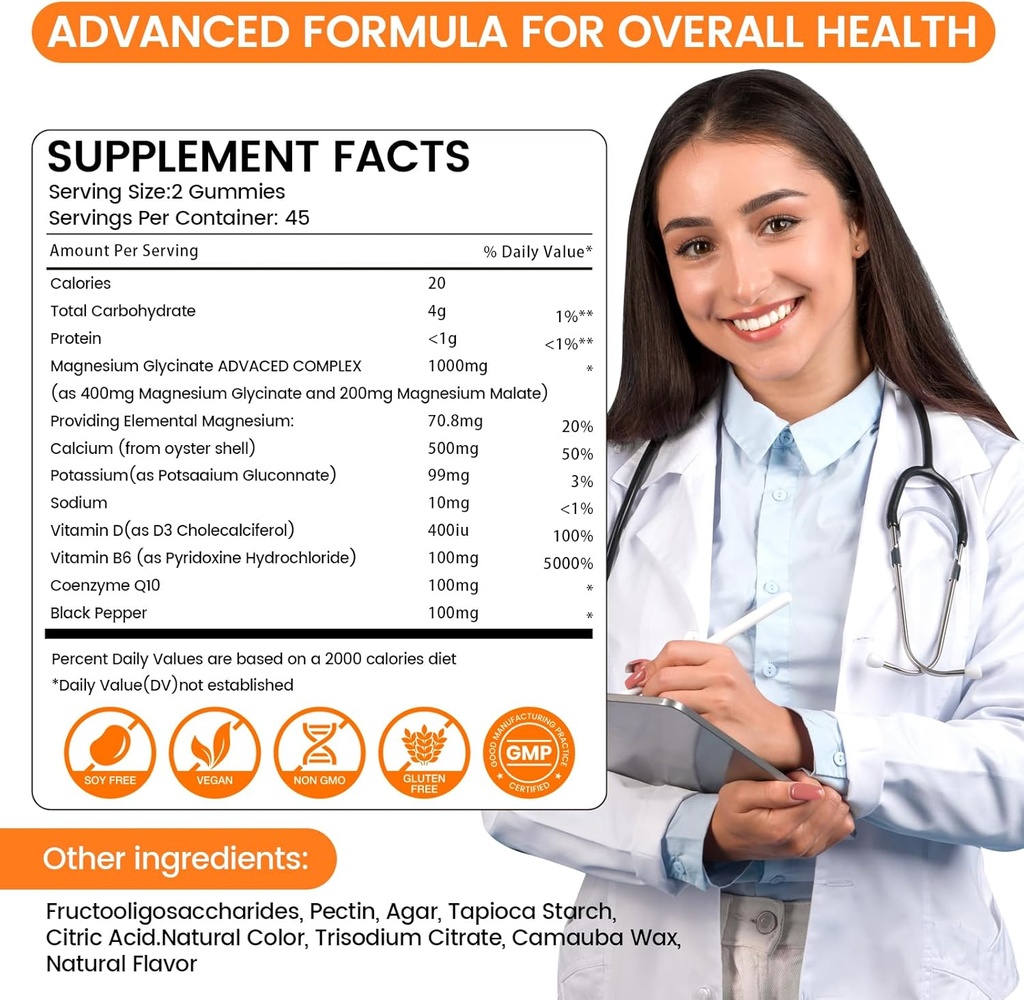 Magnesium Glycinate Gummies 1000mg - 90 Ct | Magnesium Potassium Supplements for Relaxation, Stress Relief, with Vitamin D, B6, CoQ10 for Calm Mood & Sleep Support - Orange Gummies 5