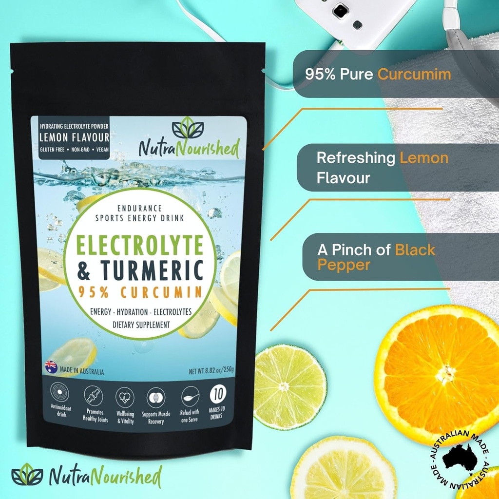 Electrolyte Powder Infused with 95% Pure Organic Curcumin from Turmeric - Sports Energy Drink Mix - Hydration Powder Sugar Free - Lemon Flavor Turmeric Drink - 250g 4
