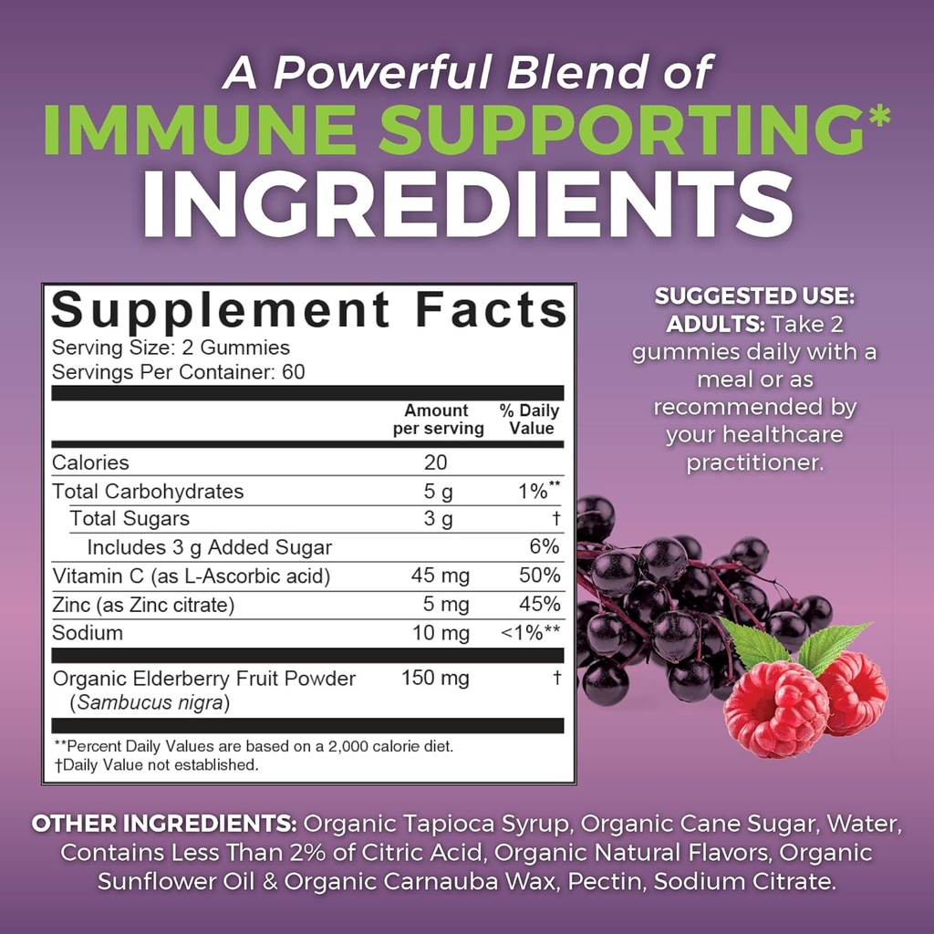 Viva Naturals Organic Sambucus Elderberry Gummies for Adults (120 Count) - 3in1 Black Elderberry Vitamin C and Zinc Immune Support Gummies, Chewable Elderberry Supplements, Zinc Immunity Gummies 3