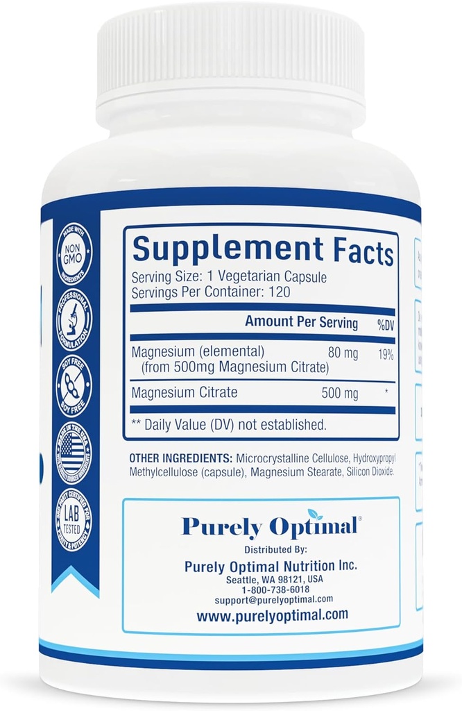 Purely Optimal Magnesium Citrate 500mg – Magnesium Supplement for Digestive Health, Gentle Constipation Relief, Muscle & Sleep Support, Calm & Relaxation – High Absorption, 120 Easy-to-Swallow Caps 3
