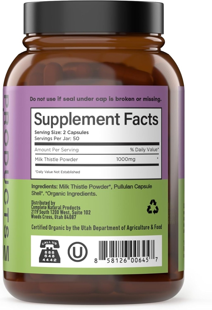 Complete Natural Products Pure Organic Milk Thistle Capsules - 500 mg Silymarin Powder 100 Pills 4