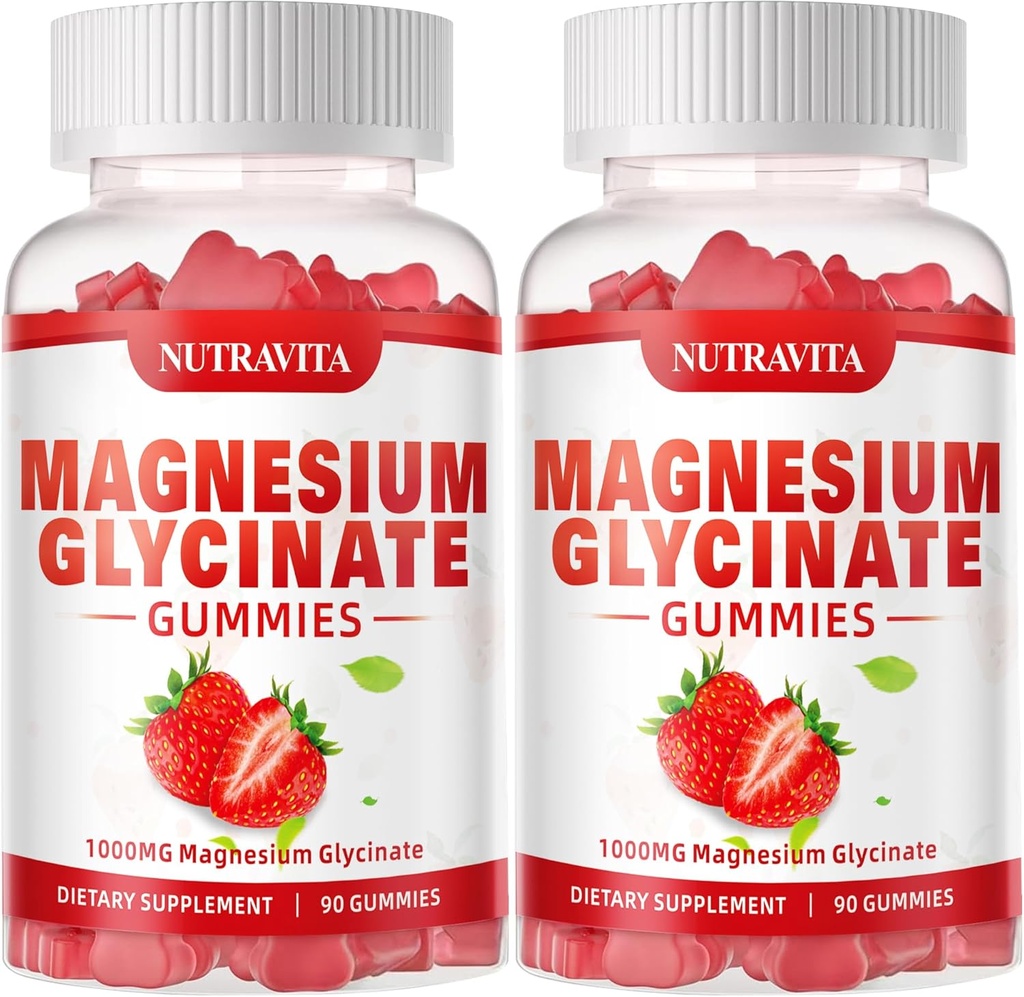 Magnesium Glycinate Gummies 1000mg with L-Threonate,Chelated Magnesium Potassium Complex Supplement with VitD, B6, CoQ10, Calcium,Supports for Memory, Calm, Mood - 180 Gummies Strawberry 2