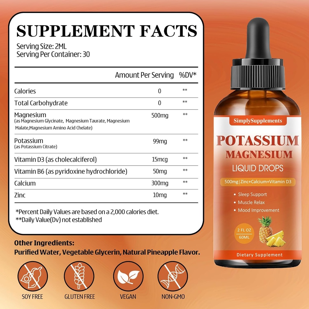 Potassium Magnesium Supplement - Potassium 99mg & 500mg Magnesium Glycinate Complex Liquid Drops with Calcium, Zinc, Vitamin B6, D3 - Energy & Bone & Muscle Support - 2 Fl oz 4