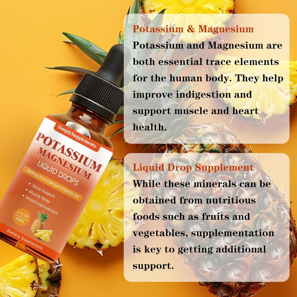 Potassium Magnesium Supplement - Potassium 99mg & 500mg Magnesium Glycinate Complex Liquid Drops with Calcium, Zinc, Vitamin B6, D3 - Energy & Bone & Muscle Support - 2 Fl oz 5