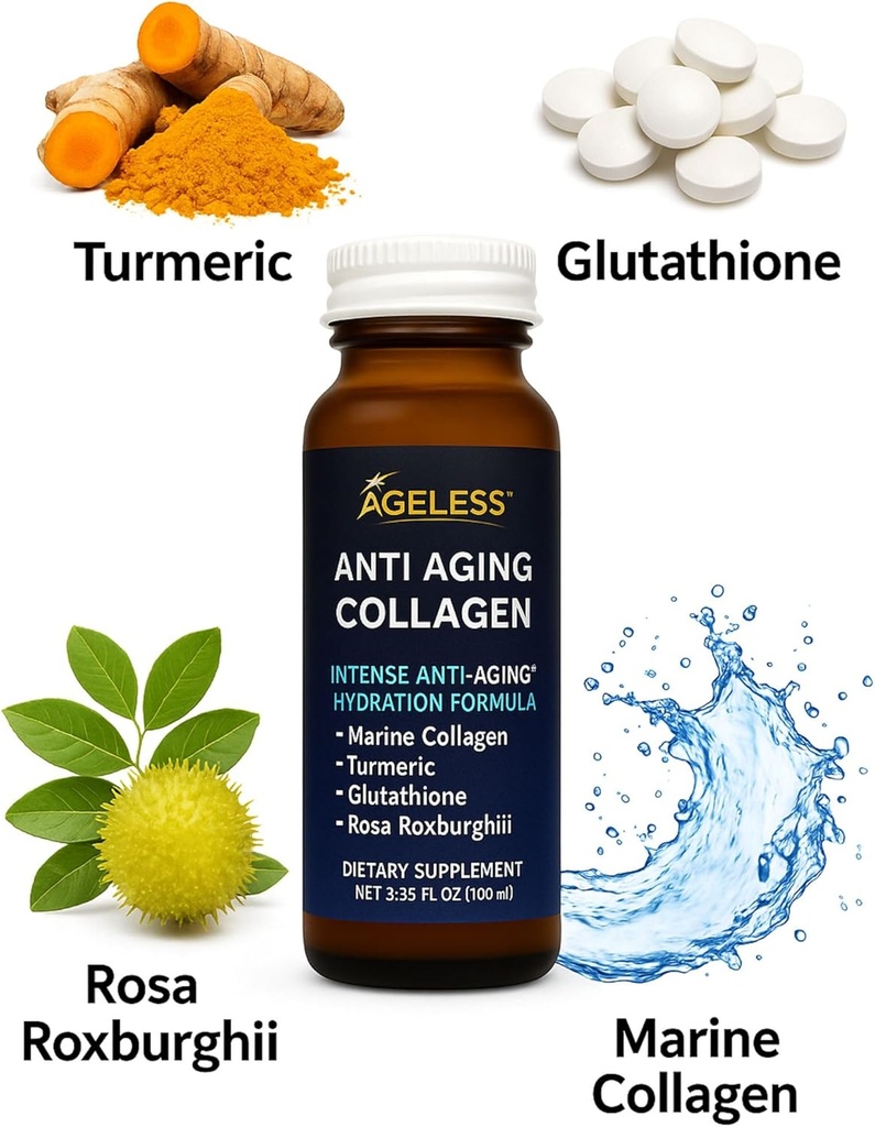 Ageless Ultra Anti Aging Liquid Collagen for Men & Women, Marine Collagen, Turmeric, Glutathione, and Rosa Roxburghii, Multi Vitamins, Skincare, Hydrating & Revitalizing Formula - 50 ml (10 Count) 4