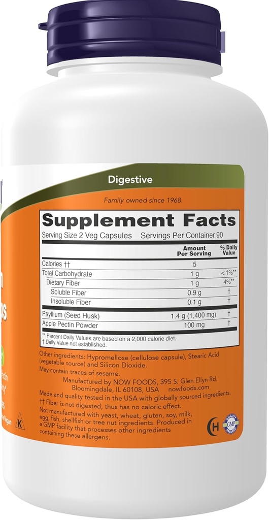 NOW Foods Supplements, Psyllium Husk Caps 700 mg with 50 mg of Apple Pectin, Intestinal Health*, 180 Veg Capsules 3