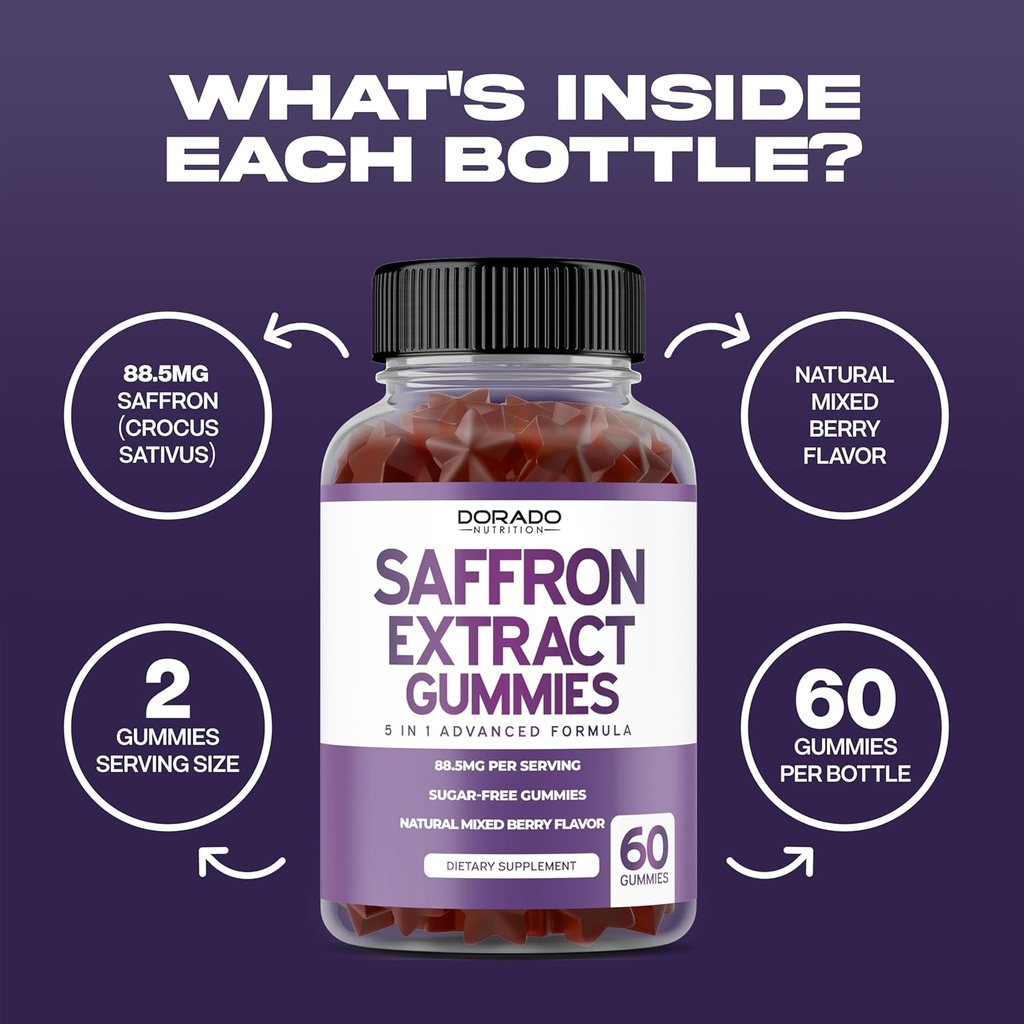 Saffron Supplements (60 Gummies) Premium Saffron Gummies - Sugar Free Gummy 88.5mg Equivalent Extract - 5 in 1 Advanced Formula - Delicious Raspberry Flavor - Non GMO - Vegan & USA Made 5
