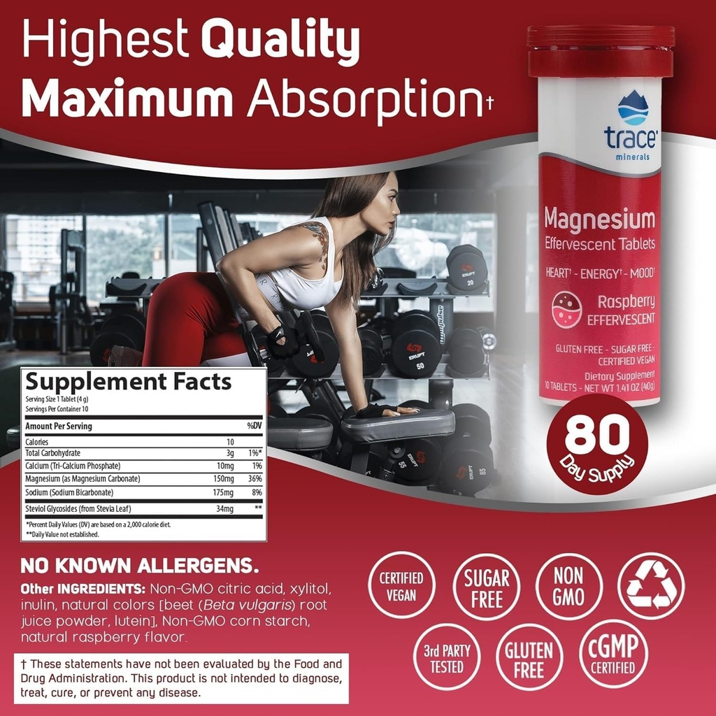Trace Minerals Magnesium Effervescent - Healthy Heart & Energy Support Supplement - Natural Magnesium Supplement to Aid Healthy Sleep - Gluten-Free Health Supplement - Raspberry, 8 Tubes (80 Servings) 3