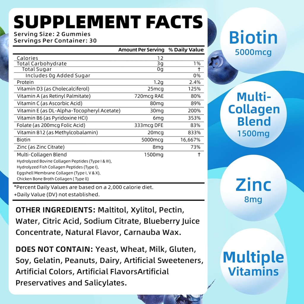 Sugar Free Collagen Peptides Gummies for Women Men, 1500mg Collagen Types I,II,III,V,X, Plus 5000mcg Biotin & Multi Vitamins for Healthy Skin Hair Nails, Immune Digestion Bone Support 3