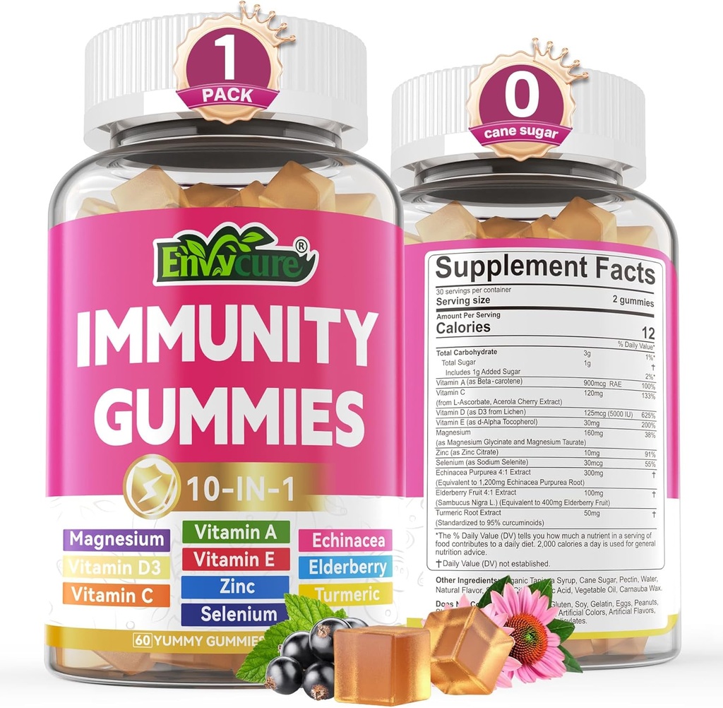 10 in 1 Immune Support Supplement Gummies, w/Echinacea, Elderberry Vitamin C and Zinc, Selenium, Vitamin D3 5000IU, Magnesium, Daily Immune Booster Multivitamin, for Antioxidant Bone Energy, 1 Pack 2