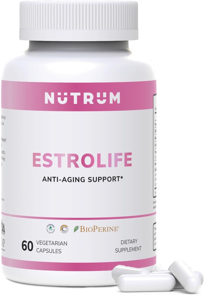 Estrolife Anti-Aging Support for Women by Nutrum, Vegan Supplement for Long Lasting Female Hormonal Balance, Ovarian Function, Skin Hydration, Elasticity and Firmness, Menopause Relief, 60 Capsules 2