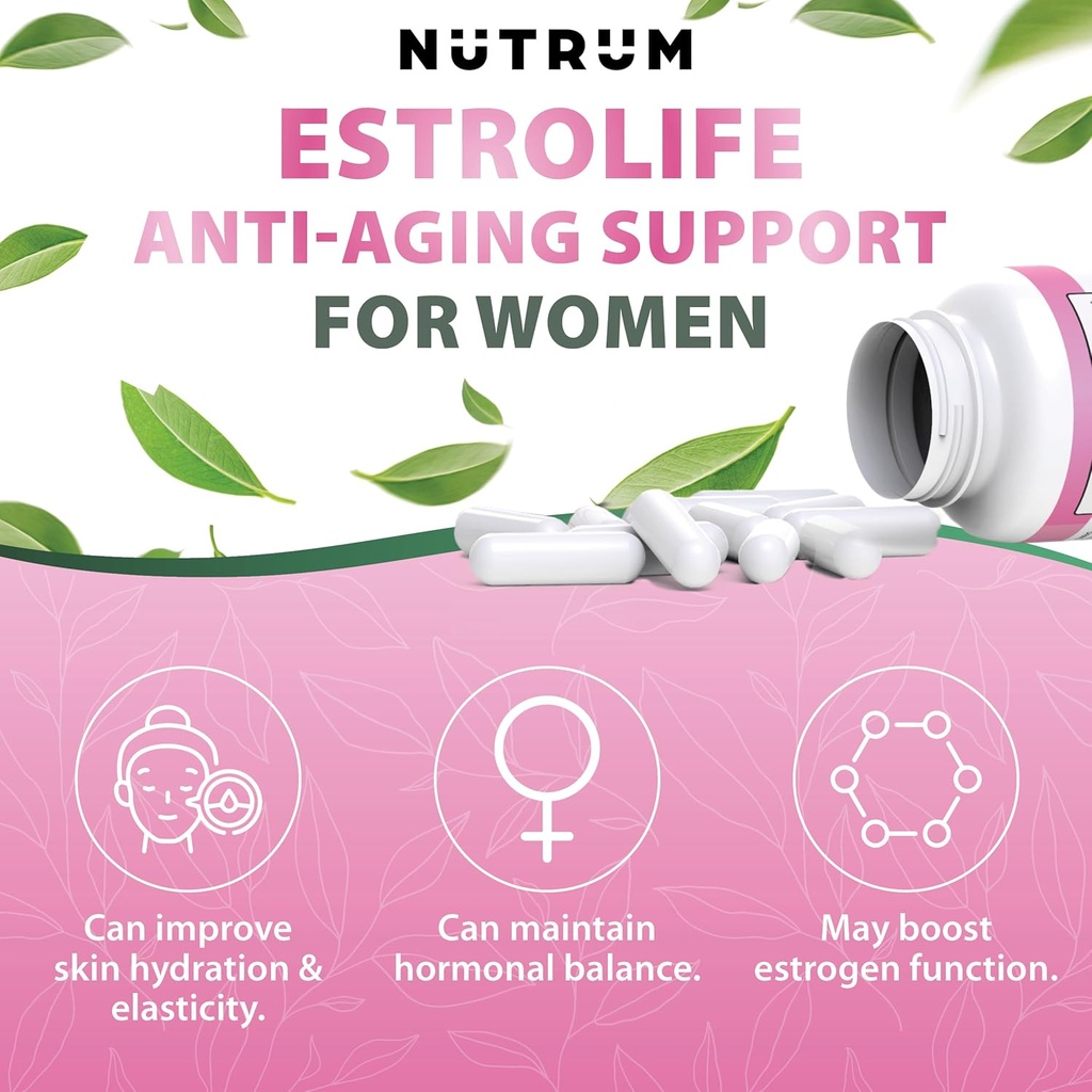 Estrolife Anti-Aging Support for Women by Nutrum, Vegan Supplement for Long Lasting Female Hormonal Balance, Ovarian Function, Skin Hydration, Elasticity and Firmness, Menopause Relief, 60 Capsules 3
