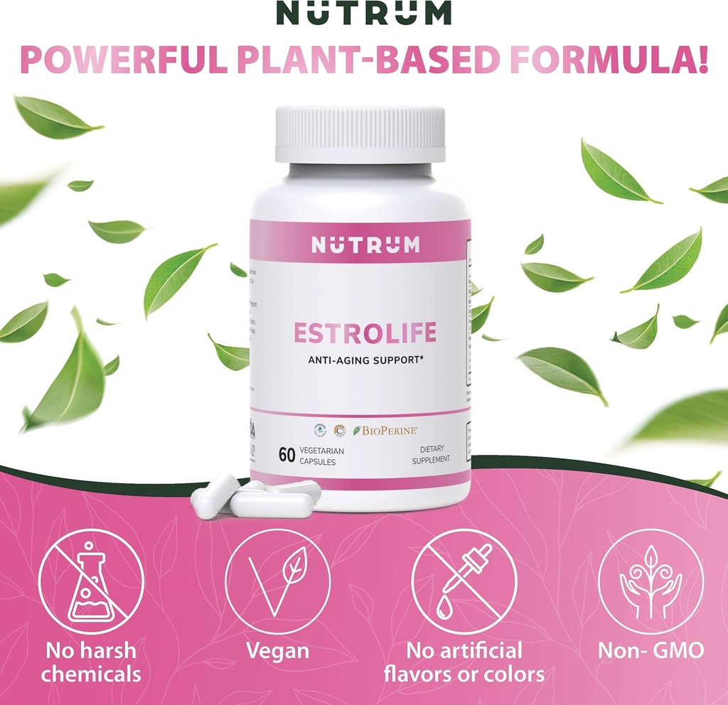 Estrolife Anti-Aging Support for Women by Nutrum, Vegan Supplement for Long Lasting Female Hormonal Balance, Ovarian Function, Skin Hydration, Elasticity and Firmness, Menopause Relief, 60 Capsules 6