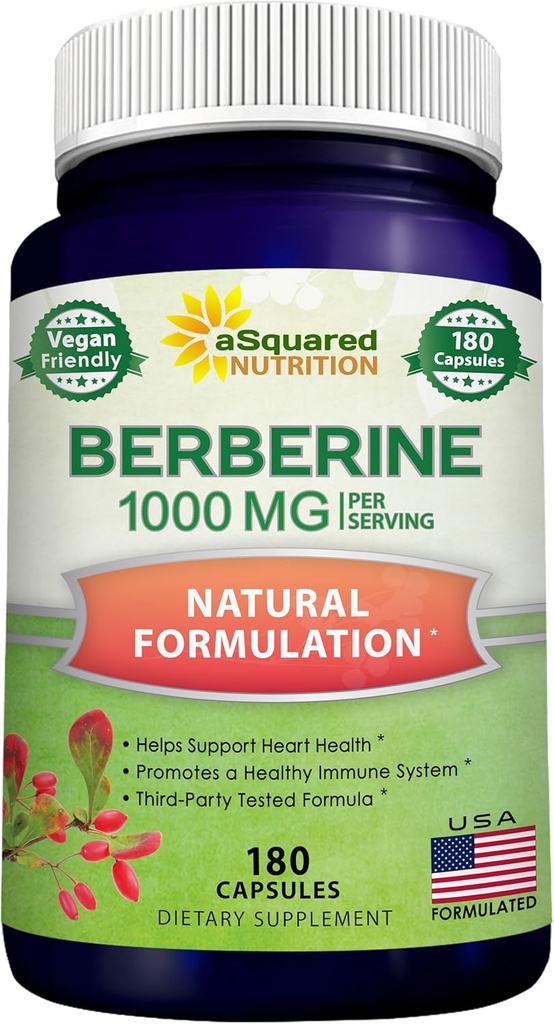 aSquared Nutrition Pure Berberine 1000mg Supplement - 180 Veggie Capsules, Natural Berberine Hydrochloride HCL Plus, Max Strength 1000 mg (2X 500mg), Potent Berberine Vegan Extract 2