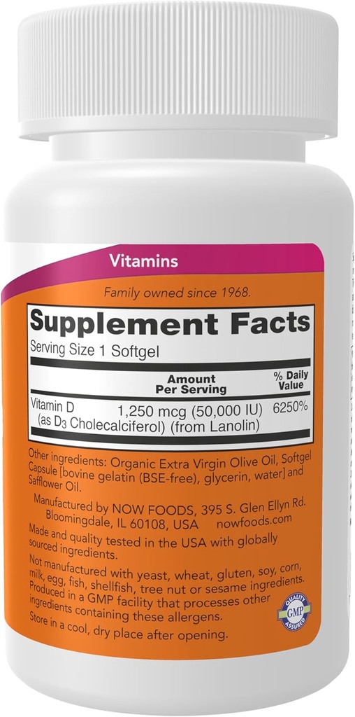 NOW Foods Supplements, Vitamin D-3 50,000 IU Softgels, 50 softgels 3