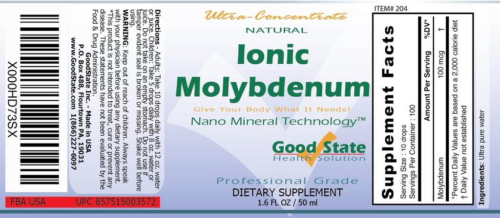 Good State Liquid Ionic Molybdenum Ultra Concentrate (10 drops equals 100 mcg - 100 servings per bottle) 3