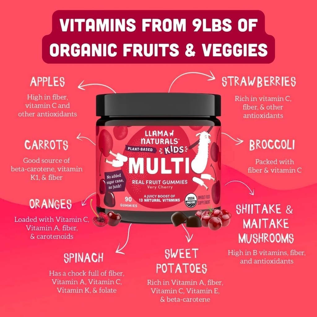 Llama Naturals Kids Multivitamin Gummies, Vegan, Organic with Vitamin D, C & K, Toddler Real Fruit Gummy Vitamins, Chewable Supplement, Whole Food Multivitamin, No Added Sugar Cane, Cherry, 90 Ct 6