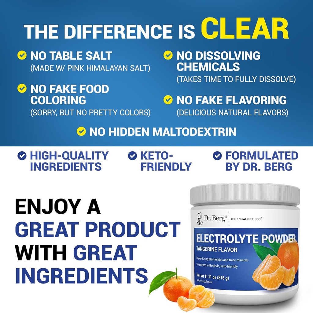 Dr. Berg Zero Sugar Hydration Keto Electrolyte Powder - Enhanced w/ 1000 mg of Potassium & Real Pink Himalayan Salt (NOT Table Salt) - Tangerine Flavor Hydration Drink Mix Supplement - 50 Servings 6