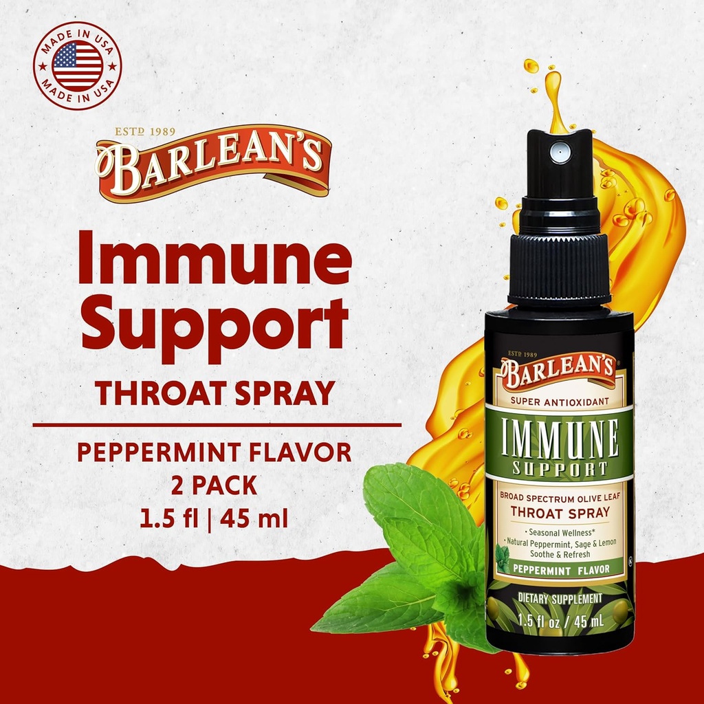 Barlean's 2 Pack Olive Leaf Complex Throat Spray with Peppermint, Lemon, and Sage for Itchy Throat Relief, Immune Support Supplement, Liquid Blended Extract, 1.5 oz 3