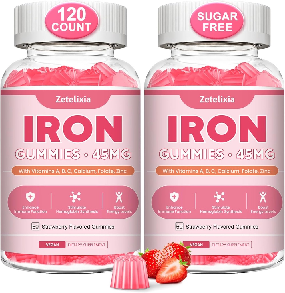 Vegan 2 Pack Iron Supplement Gummies for Women & Men, Anemia, Blood Builder & Energy Support for Iron Deficiency, with Vitamin C, A, B Complex, Folate, CoQ10, Sugar Free, Non-GMO, 120 Count 2
