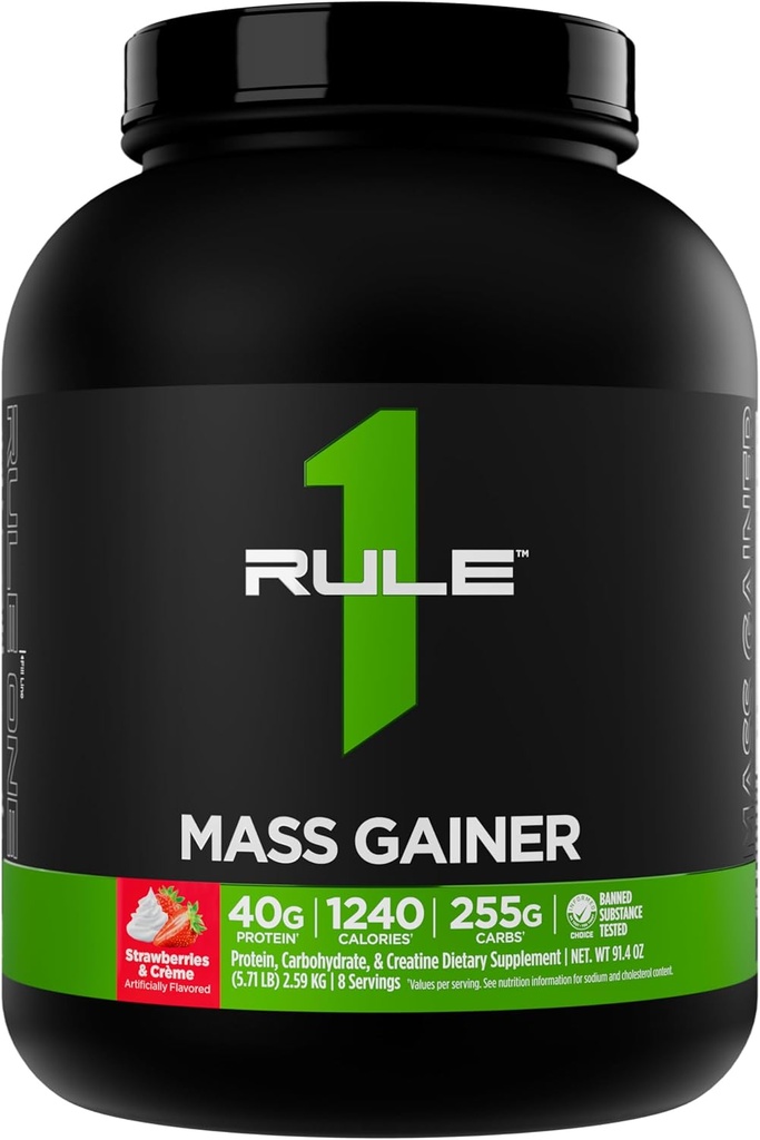 Rule 1 Mass Gainer - High-Calorie Weight Gain Formula with 1,220+ Calories, 250g+ Complex Carb Blend, 40g All-Whey Protein Per Serving (8 Servings, Strawberries & Crème) 2