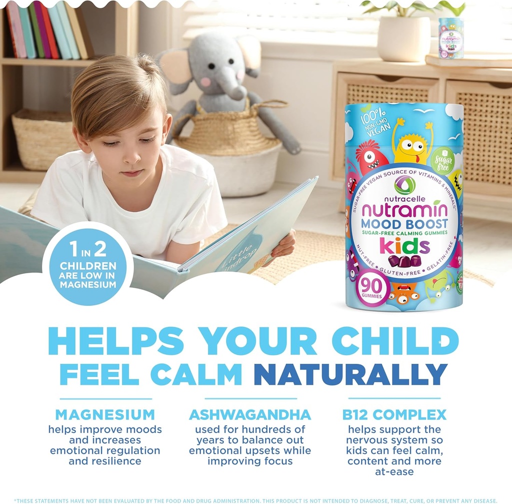 NUTRAMIN Kids Mood Boost Vegan Vitamin Gummy: Calming Magnesium Citrate Supplement for Children with Ashwagandha & Vitamin B Complex to Relax & Focus - Sugar-Free, Allergy-Safe, Non-GMO 90 ct 3