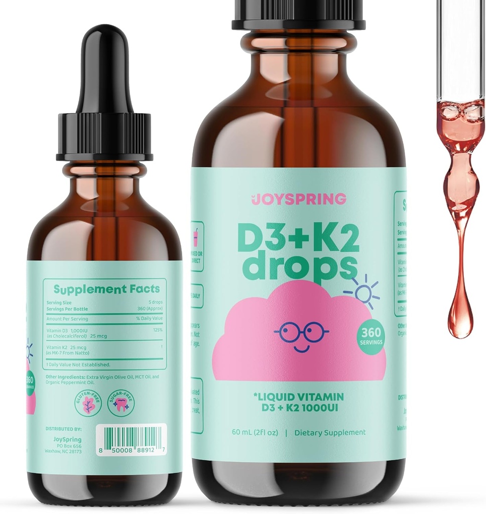 JoySpring Vitamin D Drops for Toddlers to Support Growth and Daily Multivitamin with Burdock Root & Elderberry for Kids Immune Booster 3