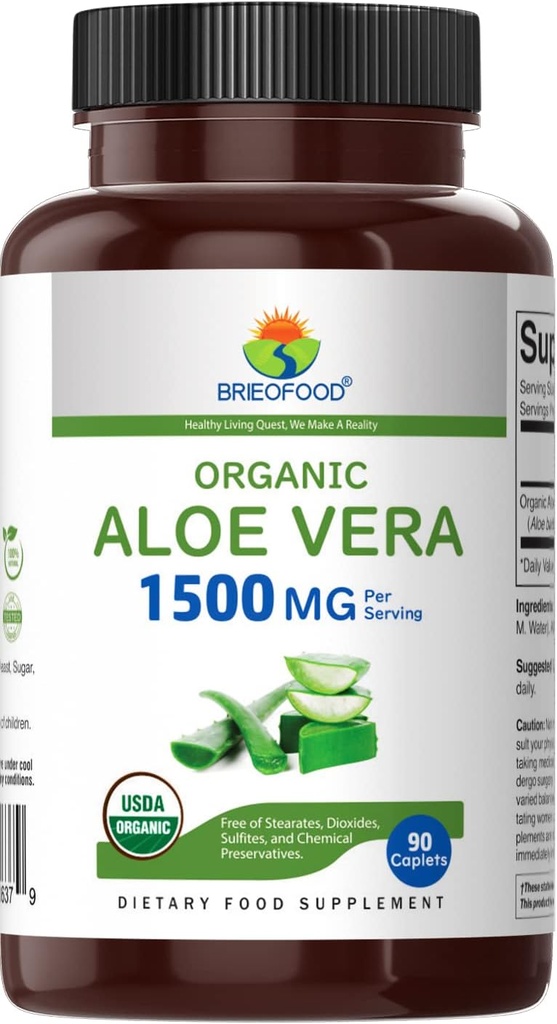 Brieofood Organic Aloe Vera 1500mg, 45 Servings, Vegetarian, Gluten Free, 90 Vegetarian Tablets 3