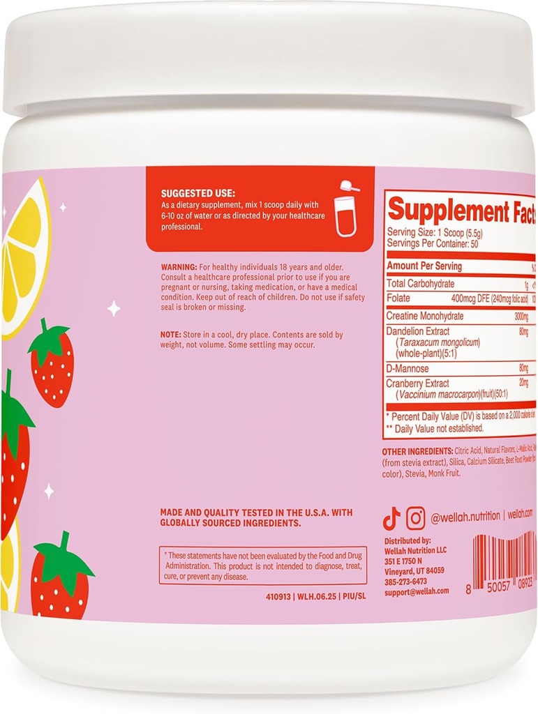 Wellah Creatine for Women (50 Servings, Strawberry Lemonade) - Creatine Monohydrate with Dandelion & Cranberry Extract 4