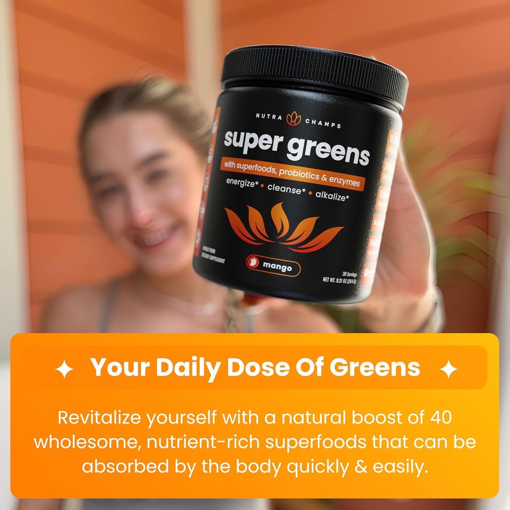 NutraChamps Super Greens Powder Premium Superfood | 20+ Organic Green Veggie Whole Foods | Wheat Grass, Spirulina, Chlorella | Antioxidant, Digestive Enzyme & Probiotic Blends (9.0 OZ, Mango) 5