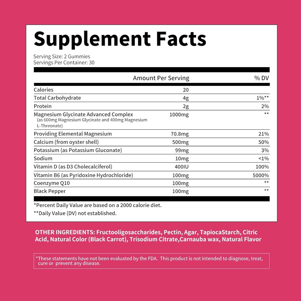 Magnesium Glycinate Gummies 1000mg - Sugar Free Magnesium Potassium Supplement with Vitamin D, B6, CoQ10 for Calm Mood & Sleep Support - 60Raspberry Gummies 3