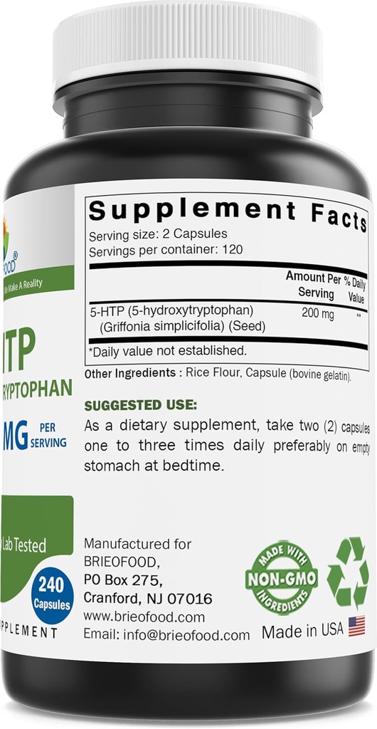Brieofood 5-HTP 200mg per Serving - 240 Capsules - 5-Hydroxytryptophan for Healthy Relaxation - 3rd Party Lab Tested 3
