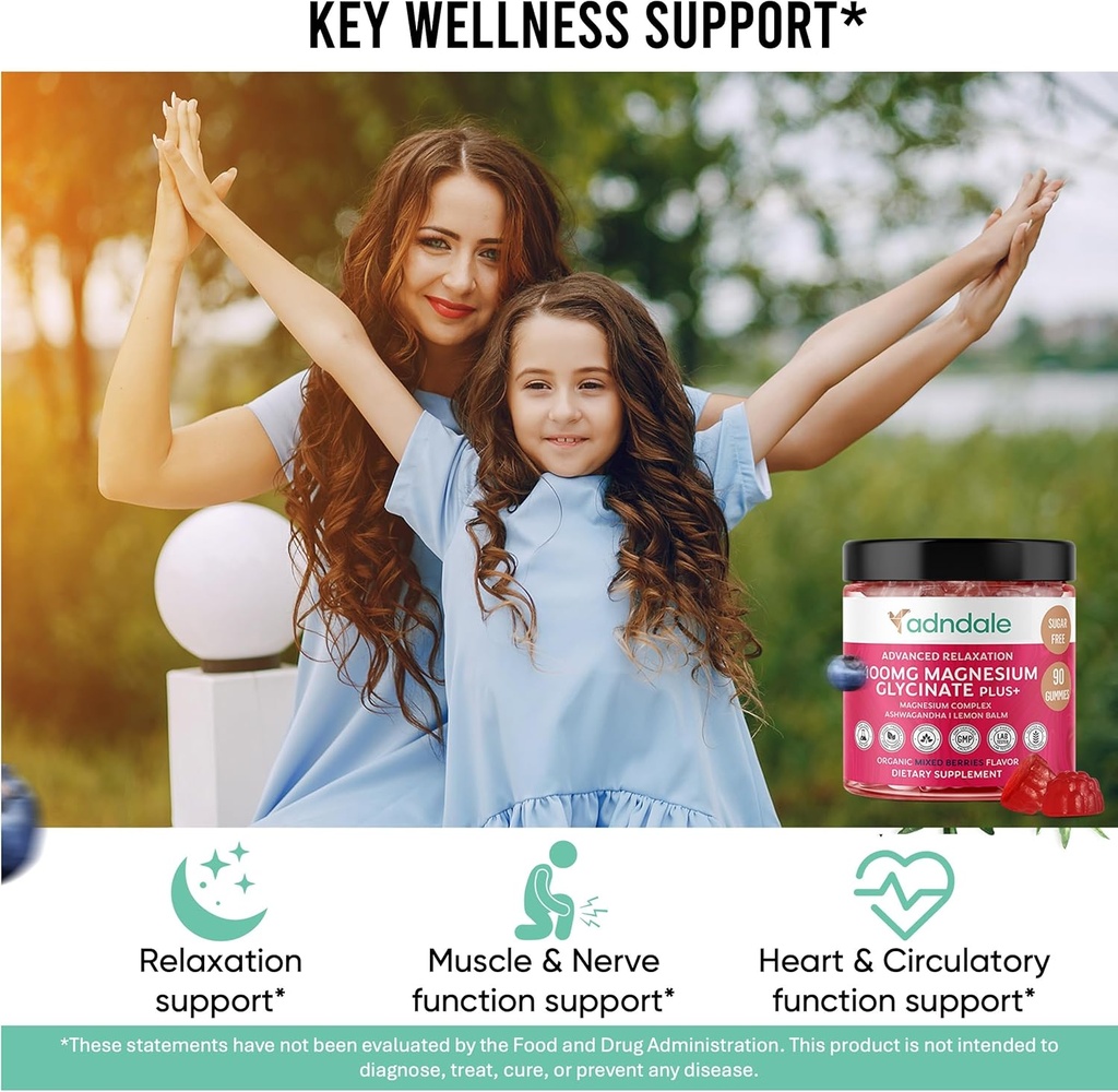 Adndale 180 CT Magnesium Glycinate Gummies 400 mg/Serv, with Ashwagandha, Magnesium Malate & Taurate, Sugar Free Chews for Adults & Kids. 4