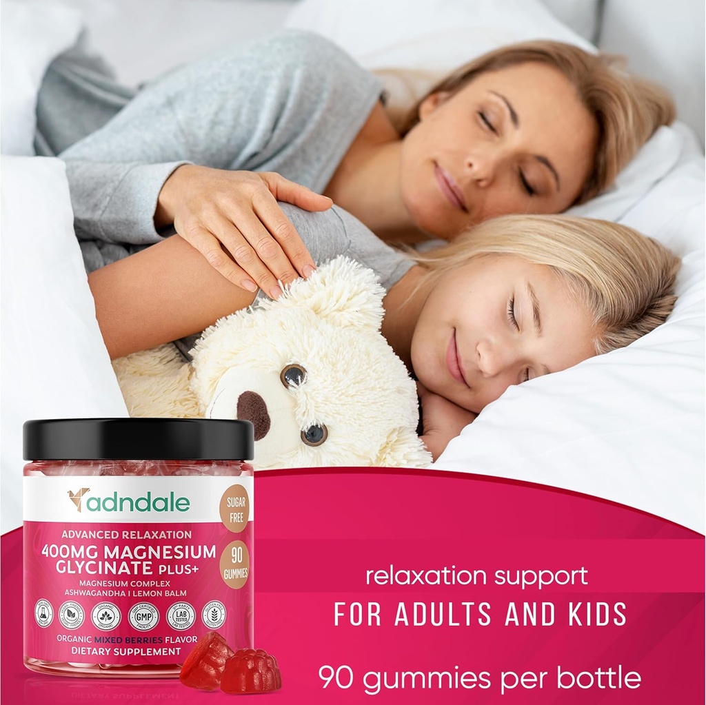 Adndale 180 CT Magnesium Glycinate Gummies 400 mg/Serv, with Ashwagandha, Magnesium Malate & Taurate, Sugar Free Chews for Adults & Kids. 6