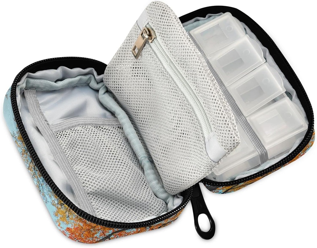 Naanle Autumn Trees Heart Pill Box 7 Day Pill Case Bag Travel Pill Organizer Bag with Zipper Portable Weekly Case Compact Size for Vitamin Supplement Holder 3