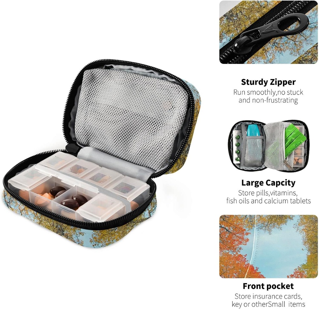 Naanle Autumn Trees Heart Pill Box 7 Day Pill Case Bag Travel Pill Organizer Bag with Zipper Portable Weekly Case Compact Size for Vitamin Supplement Holder 5